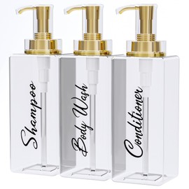 Akalin Shampoo and Conditioner Dispenser 16oz, Set of 3 Refillable Shampoo and Conditioner Bottles with Pump, 3 Clear Body Wash Dispenser for Shower, Gold Soap Dispenser Bathroom (Clear)