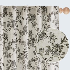 WOUVMA Black Floral Curtains French Country Curtains 84 inch Length Light Filtering Living Room Curtains Pattern Print Neutral Linen Curtain Vintage Bedroom Decor Set 2 Panels