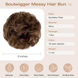 Soulwigger Messy Bun Hair Piece Wavy Curly Scrunchies Fluffy Donut Thick Updo Elegant Chignon Hairpieces for Women Girls, Light Chestnut Brown 1.4oz