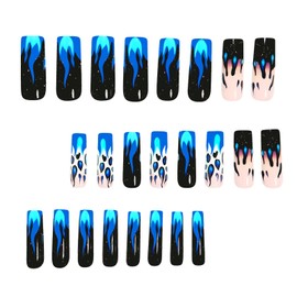 French Press on Nails Long Square Glue on Nails Black Blue Fake Nails Leopard Print Stick on Nails Gradient False Nails Glossy Artificial Nails Full Cover Acrylic Nails Reusable Nails for Women 24Pcs
