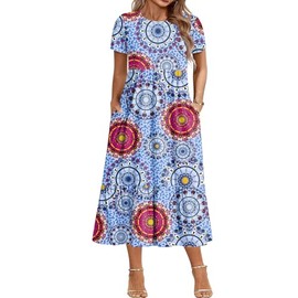 IN'VOLAND Women's Print Summer Short Sleeve Plus Size Casual Maxi Dress with Pockets