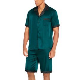 Ekouaer Men Satin Silk Pajamas Set with Pockets Sleepwear Shorts Satin Summer Loungewear 2 Piece Button Down Set S-XXL, Lake Green, XX-Large