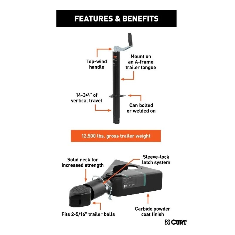 CURT 2K A-Frame Trailer Jack Top Handle w/ A-Frame Coupler