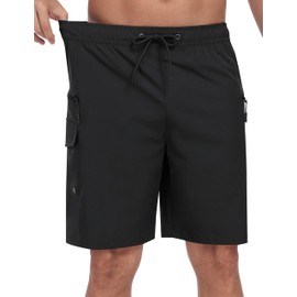 MoFiz Men's Swim Trunks with Compression Liner 9" Quick Dry Men's Broad Beach Shorts Stretch Men's Bathing Suits Swimwear with Zipper Pockets (Black, Small)