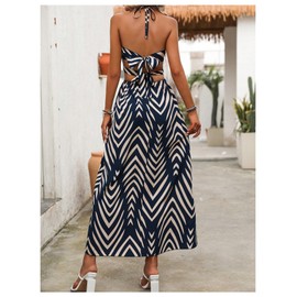 SweatyRocks Women's High Split Tie Backless Cut Out Halter Maxi Dresses Boho Vacation Long Dress Blue Small