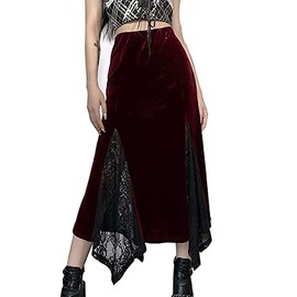 XKBHYD Womens Goth Long Skirts Vintage Velvet Lace Skirts Grunge Punk Harajuku Fairy Skirt Emo Alt Witchy Maxi Skirt Red