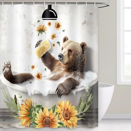 Hajmsug - Cortina de ducha de oso divertido con diseño de oso café, diseño de flores de girasol, tina, tela de poliéster con ganchos de plástico, 71 x 71 pulgadas.