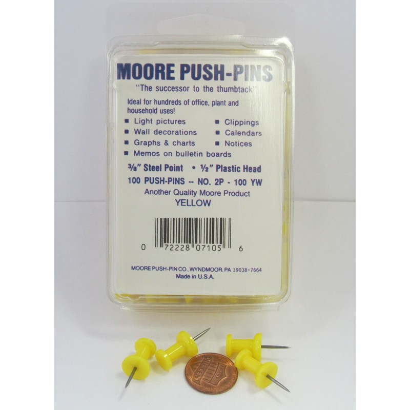 Moore Plastic Head Push Pin, Yellow, 100 Per Box (2P-100-YW)
