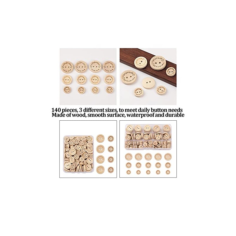 Botones de Madera, 140 Piezas, 3 Tamaños Diferentes, para Manualidades