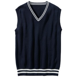 Nissen School Knit Vest, 100% Cotton, Lined, School Uniform, Children's Clothes, For Boys and Girls, Kids, Junior, Navy blue x off white line