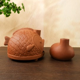 MOUGIGI Large Fish-Shaped Terracotta Palo Santo Holder - Cone Burner for Sage,Chiminea Incense Dish with Chimney,Ideal for Meditation, Zen, Yoga, Spa & Wellness | Anxiety & Stress Relief Items