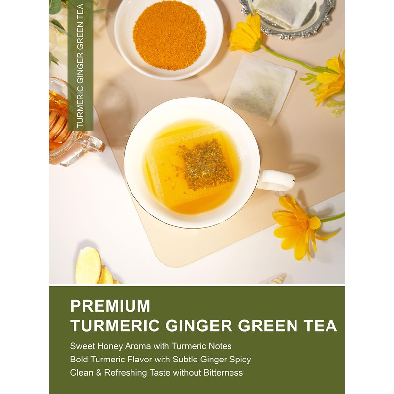 TeeLux Ginger Turmeric Green Tea Bags, Smooth Steamed Green Tea