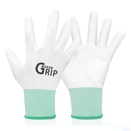 PU Coated Safety Work Gloves-12 PairsThin & Breathable Grip Seamless Knit Ideal for Light Duty Work Gardening Maintenance (White, Large)