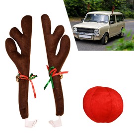 dawfall 3 PCS Car Christmas Atmosphere Accessories, Car Reindeer Antler Decorations with Hooks, Red Nose Fabric Car Decoration Accessories, Universal for Most Car (Brown)