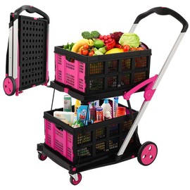 Foldable Utility Cart with Wheels,2 Layers Multifunctional Folding Cart for Cosmetic Organizer,Grocery,Office,Warehouse,Garden, Double Layers Foldable Shopping Cart,Folding Trolley for Luggage Heavy Duty(Blue/RED/PINK/Purple):_Purple (Two baskets)