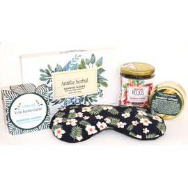 Bamboo Words - Kit Serenidad: Té, tisana de frutos rojos (120 g) + Vela de masaje relajante (100 g) + Antifaz de semillas y mezclas herbales