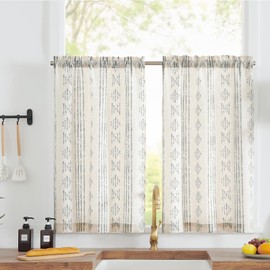 jinchan Boho Kitchen Curtains Linen Tier Curtains 45 Inches Bohemian Small Cafe Curtains Gray Striped Farmhouse Curtains for Bathroom RV Camper Light Filtering Rod Pocket 2 Panels Grey on Beige