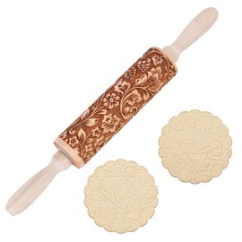 DELORIGIN Embossed Wooden Rolling Pin Darker 3D Flower Rattan 35cm Rolling Pin for Thanksgiving Baking Biscuits DIY Kitchen Tool Baking Accessories Homemade Bakery Pastry Cookie Fondant Dough Pizza