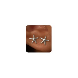 MUMREUES Silver Earrings for Women Trendy 14K White Gold Plated Small Starfish Stud Earrings Dainty Lightweight Minimalist Simple Jewelry Gifts for Her
