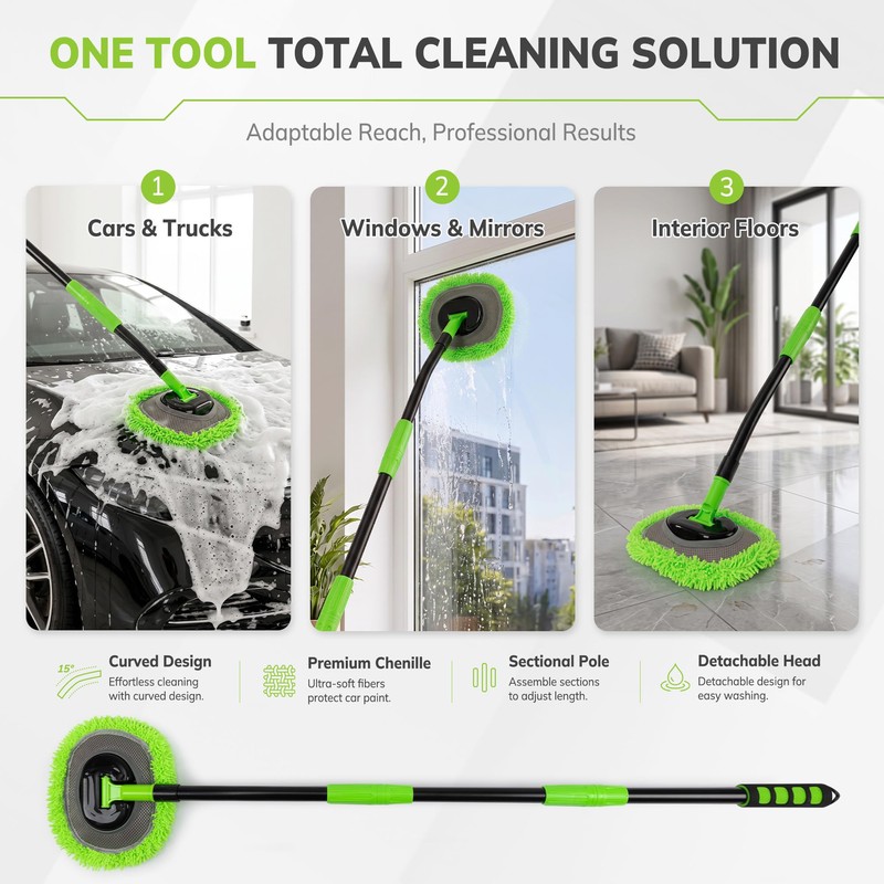 Car Wash Brush Kit, Long Handle, Microfiber Wash Mop, 15°