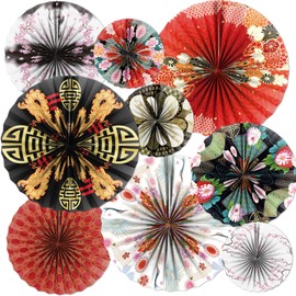 FodeMoraka Hibachi Birthday Party Decorations - 9 Pcs Red Black White Round Paper Fans Set Crane Plum Dragon Japanese Theme Supplies Favors Wall Hanging Decor Photo Backdrops