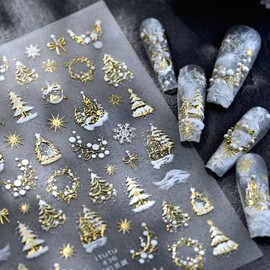 Christmas Nail Sticker for Nail Art Gold Nail Stickers 5D Self-Adhesive Holiday Snowflakes Nail Decals Xmas Tree Bow Nails Supplies Decoration Accessories for Women and Girls