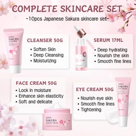 Sakura Skin Care Set Teenager Mädchen Geschenke - Skincare Set 10 Stück - Hautpflege Beauty set Mädchen - Anti Aging & Nährend Gesichtspflege Damen Set - Mit Cleanser,Serum,Creme,Schlammmaske