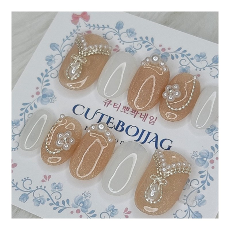 Wedding Pearl Ball Handmade Nail Tips - Oval XL /