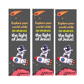 100 Bulk Count Explore Your World with Jesus by Shining His Light in Vacation Bible School (VBS) with Space Themed Bookmarks - Mathew 5 16 Bible Verse Premium Quality, Made in The USA