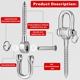 ANBEEISS Pack of 2 Swing Hooks for Wooden Beams, Stainless Steel 180° Ceiling Hooks, Heavy Duty Hooks, Swing Attachment for Hammocks, Yoga, Hanging Chair, Punch Bag, Ceiling Mount, Up to 900 kg