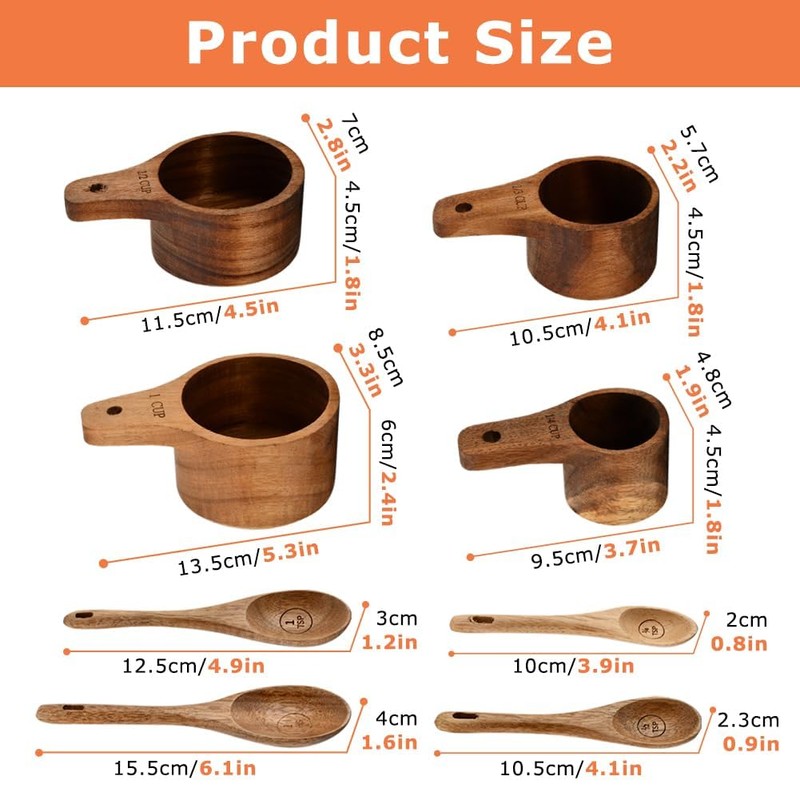8-Piece Acacia Wood Nesting Measuring Cups and Spoons Set, Laser