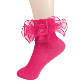 Big Ruffle Ankle Socks Woman Cotton Adult Double Lace Turn Cuff Sock for Women Cute Frilly Dress Socks Hot Pink