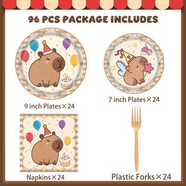96 Pcs Kawaii Capybara Party Decorations Tableware Set for Boys Girls Kids Baby Shower Includes Plates Napkins Forks Cartoon Capybara Birthday Theme Party Supplies for 24 Guests