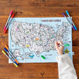 eatsleepdoodle Colouring Placemat for Kids w/ 10pk Washable Markers for Kids - 33x47cm United States Colour Your Own Placemat Map Activity - Ultra Washable & Reusable Arts and Crafts for Kids