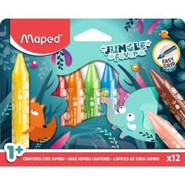 Maped - Maxi Wax Crayons Jungle Fever Jumbo Children's Wax Crayons - Wax Crayons for Babies from 1 Year - Triangular Shape - First Jumbo Crayon - Cardboard Box of 12 Jumbo Wax Crayons