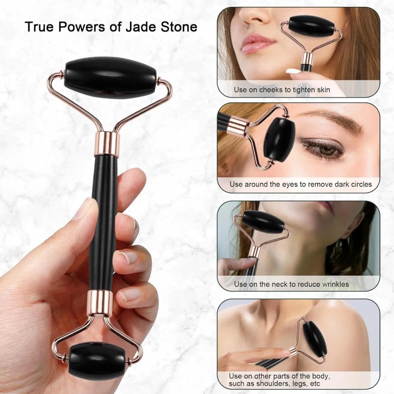 Rodillo Facial Jade Black Obsidiana Guasha Stone Massage Kit