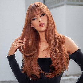 YINCNSI Auburn Wigs for Women,Long Curly Layered Wig with Bangs Synthetic Wigs Heat Resistant Wavy Hair for Party Cosplay Daily Use (26 Inch)