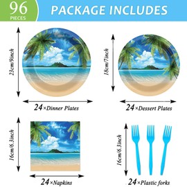 96Pcs Beach Party Plates and Napkins for Summer Tropical Birthday Party Supplies Hawaiian Beach Ocean Paper Dessert Plates Hawaiian Tropical Tableware Set for Kids 24 Guests Birthday Decorations
