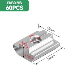 HXJDAM 60 Pieces T-Slot Nuts M8 Type B, T Sliding Nut for 30 Series Aluminium Profile, T Slot Nuts M8 Set Carbon Steel, Sliding Nut for Aluminium Profile Extrusion Slot 30 Series