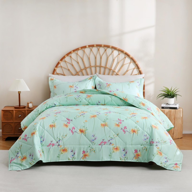 JSD Green Floral Comforter Set Queen Size, 3 Piece All