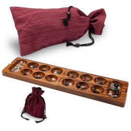 LOGOPLAY Kalaha Game for 2 Players with Fabric Bag - Playing Field 14 x 49 cm - Hus - Bao - with Gemstones