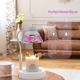 WARMCITY Electric Candle Warmer Lamp with Colorful Diamond Lampshade, Metal Wax Melting Lattern with Timer and Dimmer, Adjustable Height Candle Melting Lamp Home Decor (White Purple)