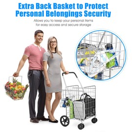 MAT EXPERT Metal Folding Shopping Trolley Cart, Rolling Utility Cart w/Dual Basket & Swivel Wheels, Light Weight Grocery Cart w/Non-Slip Handle, Wheeled Carriage for Laundry Book Luggage Travel