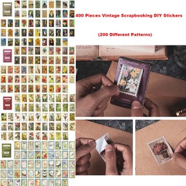 4 Styles (400 Pieces) Vintage Stickers Stamp Scrapbooking Stickers for Scrapbook Calendar Notebook Diary Photo Album DIY Decoration Label Flowers Butterfly City Painting Flowers Animal