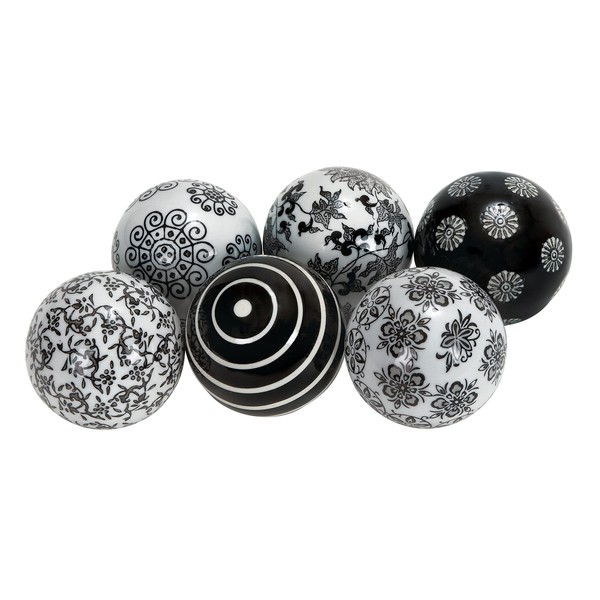 Deco 79 Ceramic Round Orbs & Vase Filler with Varying Patterns, Set of 6 3"D, Black