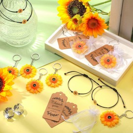 48 Pcs Sunflower Party Favors Set Sunflower Keychains Adjustable Bracelets Organza Bags and Thank You Kraft Tag Decor for Birthday Bridal Shower Wedding Return Gift