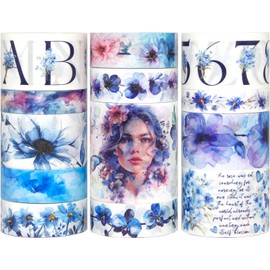 Floral Washi Tape Set, 13 Rolls Blue Washi Tapes for Bullet Journaling, Scrapbooking, 5 Sizes Flower, Letter, Number Masking Tapes for Planners, DIY Crafts, Gift Wrapping, Party Decorations