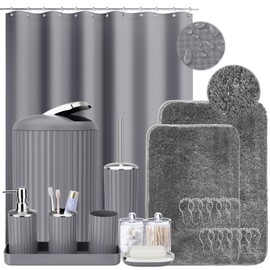 XLHOMO 24 PCS Gray Bathroom Accessories Set with Shower Curtain and Rugs, Bathroom Sets with Extra Soft and Absorbent Bath Rugs Shower Curtain Bathroom Accessory for Bath