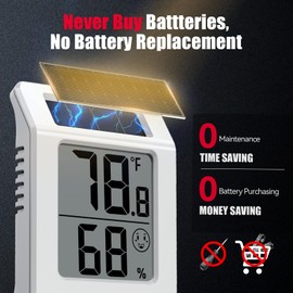 BaldrTherm 2.2'' Digital Thermometer and Hygrometer Meter, Solar-Powered Indoor Temperature Sensor Humidity Monitor, Humidity Gauge for Baby Rooms, Bedrooms, Home, Office, and Wine Cellars, 1Pack