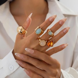 5 Pc Colorful Geometric Gemstones Rings Set for Women Bohemian Acrylic Diamond Chunky Statement Open Band Ring Stackable Knuckle Portable Accessories Adjustable Comfort Fit Finger Ring Jewelry